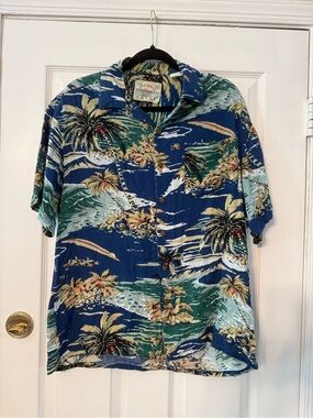 Blue Tropical Palm Print Hawaiian Button-Down Shirt - Men
